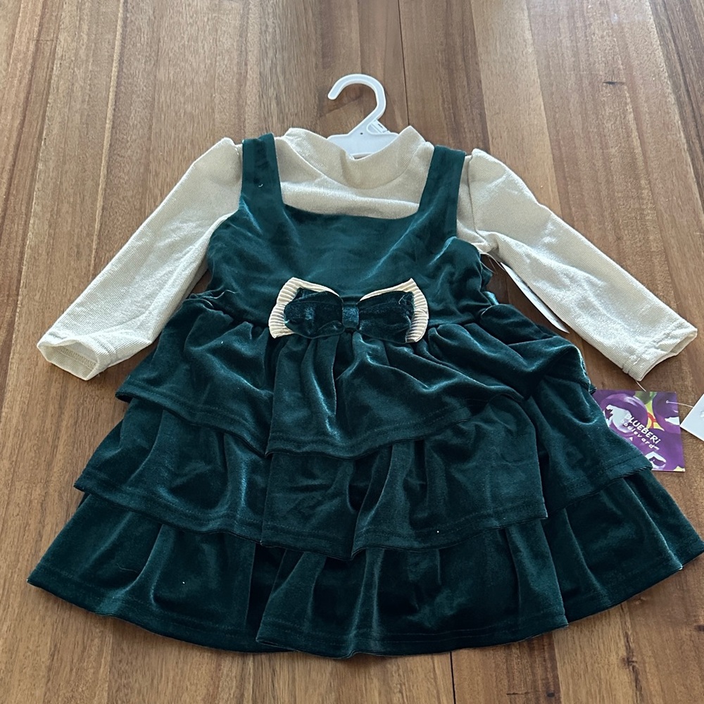 Green Velvet Layered Dress with Gold Top